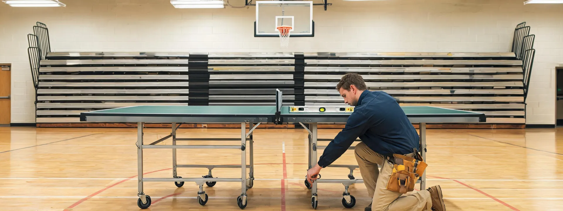 Technician leveling a table tennis table