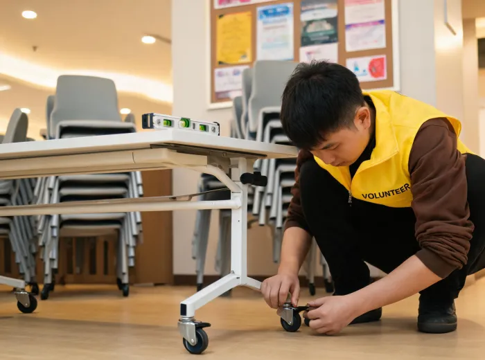 Volunteer inspecting table